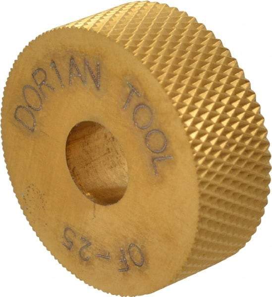 Dorian Tool - 1" Diam, 90° Tooth Angle, 25 TPI, Standard (Shape), Form Type High Speed Steel Female Diamond Knurl Wheel - 3/8" Face Width, 5/16" Hole, Circular Pitch, 30° Helix, Bright Finish, Series O - Exact Industrial Supply