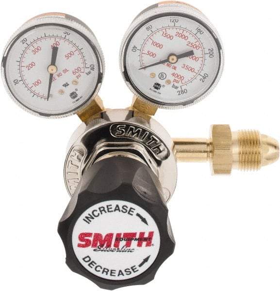 Miller-Smith - 580 CGA Inlet Connection, Male Fitting, 450 Max psi, Nitrogen Welding Regulator - 7/16-20 External Flair Fitting Thread, 4,000 Max psi Inlet, 600 Max psi Outlet, Right Hand Rotation - Exact Industrial Supply