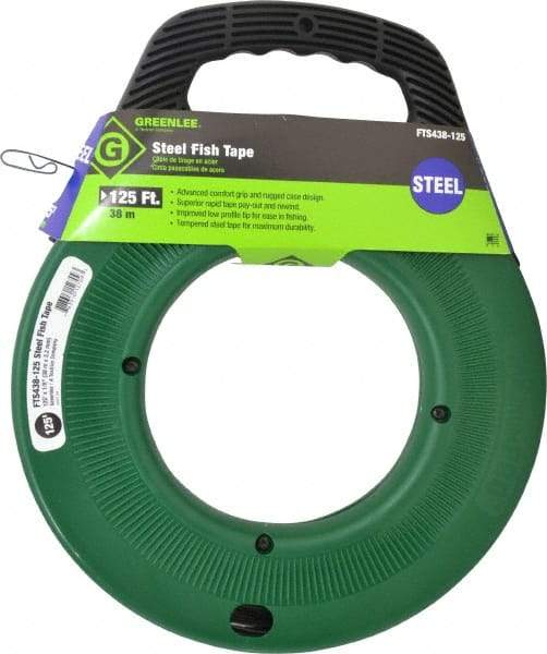 Greenlee - 125 Ft. Long x 1/8 Inch Wide, 0.045 Inch Thick, Steel Fish Tape - 400 Lb. Pulling Strength, Includes Case - Exact Industrial Supply