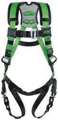 Miller - 400 Lb Capacity, Size Universal, Full Body Construction Safety Harness - Webbing, Mating Leg Strap, Mating Chest Strap, Black/Green - Exact Industrial Supply