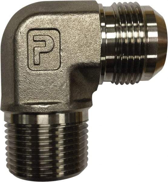 Parker - 3/8" Tube OD, 37° Stainless Steel Flared Tube Male Elbow - 1/2 NPTF, Flare x MNPTF Ends - Exact Industrial Supply