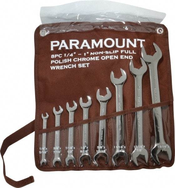 Paramount - 8 Piece, 1/4" to 1", Open End Wrench Set - Inch Measurement Standard, Full Polish Finish, Comes in Canvas Pouch - Exact Industrial Supply