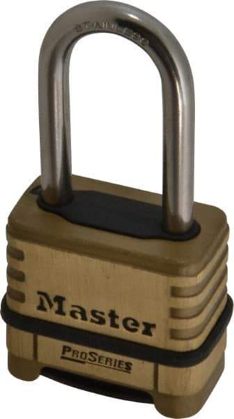 Master Lock - 2-1/4" Body Width x 2" Body Height, 2.094" Shackle Clearance, Brass Body & Stainless Steel Combination Lock - 5/16" Shackle Diam - Exact Industrial Supply