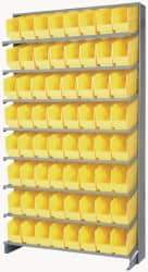 Quantum Storage - 64 Bin Store-More Sloped Shelving System - 36 Inch Overall Width x 12 Inch Overall Depth x 63-1/2 Inch Overall Height, Yellow Polypropylene Bins - Exact Industrial Supply