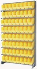 Quantum Storage - 64 Bin Store-More Sloped Shelving System - 36 Inch Overall Width x 12 Inch Overall Depth x 63-1/2 Inch Overall Height, Yellow Polypropylene Bins - Exact Industrial Supply