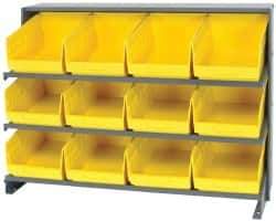 Quantum Storage - 12 Bin Store-More Sloped Shelving System - 36 Inch Overall Width x 12 Inch Overall Depth x 26-1/2 Inch Overall Height, Yellow Polypropylene Bins - Exact Industrial Supply