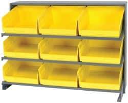 Quantum Storage - 9 Bin Store-More Sloped Shelving System - 36 Inch Overall Width x 12 Inch Overall Depth x 26-1/2 Inch Overall Height, Yellow Polypropylene Bins - Exact Industrial Supply