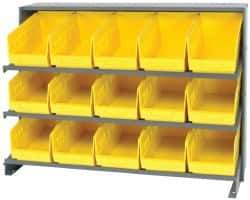 Quantum Storage - 15 Bin Store-More Sloped Shelving System - 36 Inch Overall Width x 12 Inch Overall Depth x 26-1/2 Inch Overall Height, Yellow Polypropylene Bins - Exact Industrial Supply