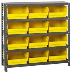 Quantum Storage - 12 Bin Store-More Shelf Bin System - 36 Inch Overall Width x 12 Inch Overall Depth x 39 Inch Overall Height, Yellow Polypropylene Bins - Exact Industrial Supply