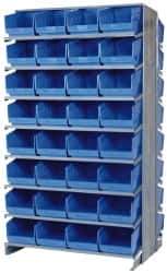 Quantum Storage - 64 Bin Store-More Sloped Shelving System - 36 Inch Overall Width x 24 Inch Overall Depth x 63-1/2 Inch Overall Height, Blue Polypropylene Bins - Exact Industrial Supply