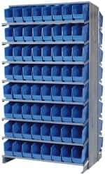 Quantum Storage - 128 Bin Store-More Sloped Shelving System - 36 Inch Overall Width x 24 Inch Overall Depth x 63-1/2 Inch Overall Height, Blue Polypropylene Bins - Exact Industrial Supply