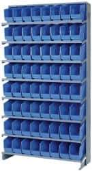 Quantum Storage - 64 Bin Store-More Sloped Shelving System - 36 Inch Overall Width x 12 Inch Overall Depth x 63-1/2 Inch Overall Height, Blue Polypropylene Bins - Exact Industrial Supply