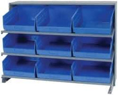 Quantum Storage - 9 Bin Store-More Sloped Shelving System - 36 Inch Overall Width x 12 Inch Overall Depth x 26-1/2 Inch Overall Height, Blue Polypropylene Bins - Exact Industrial Supply