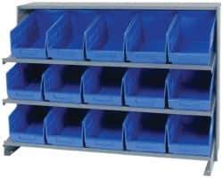 Quantum Storage - 15 Bin Store-More Sloped Shelving System - 36 Inch Overall Width x 12 Inch Overall Depth x 26-1/2 Inch Overall Height, Blue Polypropylene Bins - Exact Industrial Supply