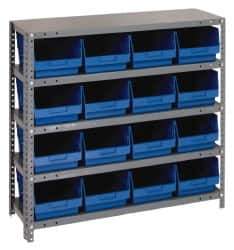 Quantum Storage - 16 Bin Store-More Shelf Bin System - 36 Inch Overall Width x 18 Inch Overall Depth x 39 Inch Overall Height, Blue Polypropylene Bins - Exact Industrial Supply