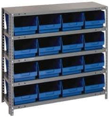 Quantum Storage - 16 Bin Store-More Shelf Bin System - 36 Inch Overall Width x 12 Inch Overall Depth x 39 Inch Overall Height, Blue Polypropylene Bins - Exact Industrial Supply