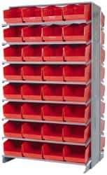 Quantum Storage - 64 Bin Store-More Sloped Shelving System - 36 Inch Overall Width x 24 Inch Overall Depth x 63-1/2 Inch Overall Height, Red Polypropylene Bins - Exact Industrial Supply