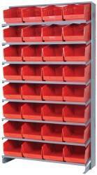 Quantum Storage - 32 Bin Store-More Sloped Shelving System - 36 Inch Overall Width x 12 Inch Overall Depth x 63-1/2 Inch Overall Height, Red Polypropylene Bins - Exact Industrial Supply