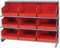 Quantum Storage - 9 Bin Store-More Sloped Shelving System - 36 Inch Overall Width x 12 Inch Overall Depth x 26-1/2 Inch Overall Height, Red Polypropylene Bins - Exact Industrial Supply