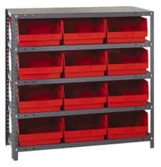 Quantum Storage - 12 Bin Store-More Shelf Bin System - 36 Inch Overall Width x 18 Inch Overall Depth x 39 Inch Overall Height, Red Polypropylene Bins - Exact Industrial Supply