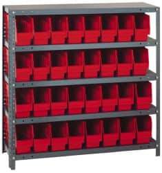 Quantum Storage - 32 Bin Store-More Shelf Bin System - 36 Inch Overall Width x 18 Inch Overall Depth x 39 Inch Overall Height, Red Polypropylene Bins - Exact Industrial Supply