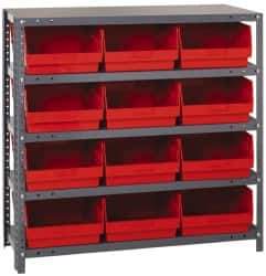Quantum Storage - 12 Bin Store-More Shelf Bin System - 36 Inch Overall Width x 12 Inch Overall Depth x 39 Inch Overall Height, Red Polypropylene Bins - Exact Industrial Supply