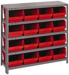 Quantum Storage - 16 Bin Store-More Shelf Bin System - 36 Inch Overall Width x 12 Inch Overall Depth x 39 Inch Overall Height, Red Polypropylene Bins - Exact Industrial Supply