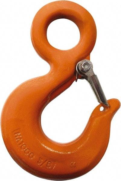 CM - Chain Grade 100, 4,300 Lbs. Load Limit Eye Rigging Hook with Latch - 0.97 Inch Hook Throat, 3.66 Inch Reach, 0.88 Inch Eye Inside Diameter, 9/32 Inch Chain Diameter, 5.04 Inch Overall Length, 0.44 Inch Eye Thickness - Exact Industrial Supply
