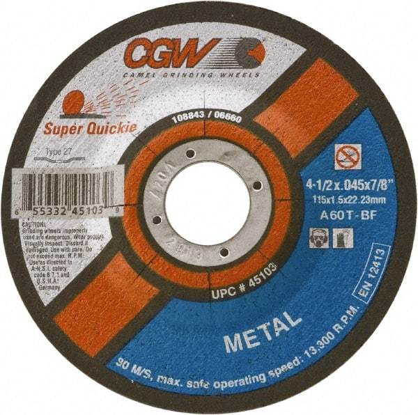 Camel Grinding Wheels - 60 Grit, 4-1/2" Wheel Diam, Type 27 Depressed Center Wheel - Medium Grade, Aluminum Oxide, Resinoid Bond, T Hardness, 13,300 Max RPM - Exact Industrial Supply