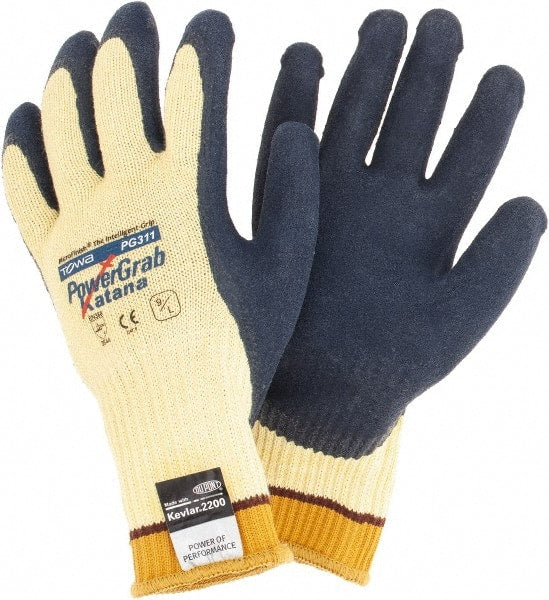 Cut-Resistant Gloves: Size L, ANSI Cut A4, Kevlar Yellow & Blue, Palm & Fingers Coated