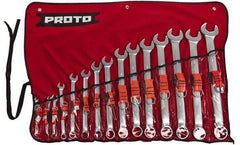 Proto - 15 Piece, 7mm to 32mm, 12 Point Tethered Combination Wrench Set - Metric Measurement Standard, Satin Chrome Finish, Comes in Nylon Roll - Exact Industrial Supply