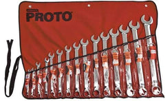 Proto - 15 Piece, 5/16" to 1-1/4", 12 Point Tethered Combination Wrench Set - Inch Measurement Standard, Satin Chrome Finish, Comes in Nylon Roll - Exact Industrial Supply