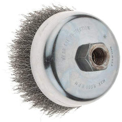 Weiler - 4" Diam, 5/8-11 Threaded Arbor, Steel Fill Cup Brush - 0.014 Wire Diam, 1-3/8" Trim Length, 9,000 Max RPM - Exact Industrial Supply