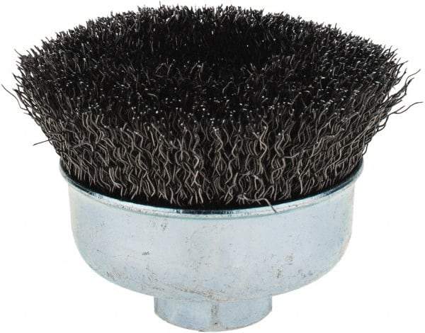Weiler - 3" Diam, 5/8-11 Threaded Arbor, Steel Fill Cup Brush - 0.014 Wire Diam, 7/8" Trim Length, 14,000 Max RPM - Exact Industrial Supply
