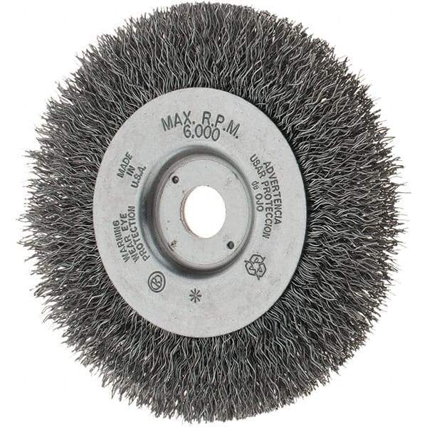 Weiler - 4" OD, 1/2" Arbor Hole, Crimped Steel Wheel Brush - 1/2" Face Width, 13/16" Trim Length, 0.014" Filament Diam, 6,000 RPM - Exact Industrial Supply
