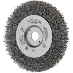 Weiler - 4" OD, 1/2" Arbor Hole, Crimped Steel Wheel Brush - 1/2" Face Width, 13/16" Trim Length, 0.014" Filament Diam, 6,000 RPM - Exact Industrial Supply