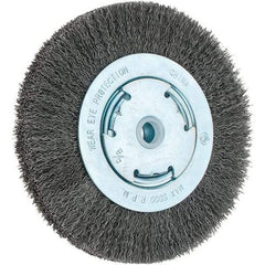 Weiler - 6" OD, 5/8" Arbor Hole, Crimped Steel Wheel Brush - 1-1/8" Face Width, 1-1/8" Trim Length, 0.014" Filament Diam, 6,000 RPM - Exact Industrial Supply