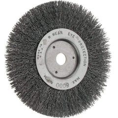 Weiler - 6" OD, 5/8" Arbor Hole, Crimped Steel Wheel Brush - 3/4" Face Width, 1-1/8" Trim Length, 0.014" Filament Diam, 6,000 RPM - Exact Industrial Supply