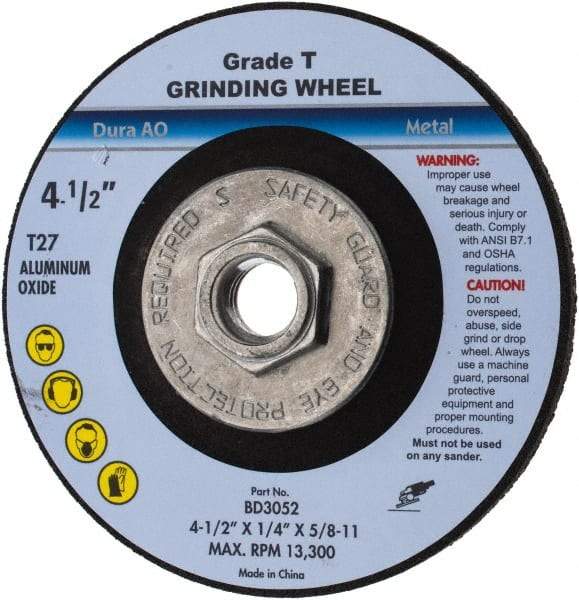 Value Collection - 24 Grit, 4-1/2" Wheel Diam, 1/4" Wheel Thickness, Type 27 Depressed Center Wheel - Aluminum Oxide, U Hardness, 13,300 Max RPM - Exact Industrial Supply