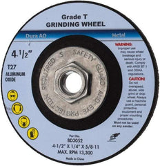Value Collection - 24 Grit, 4-1/2" Wheel Diam, 1/4" Wheel Thickness, Type 27 Depressed Center Wheel - Aluminum Oxide, U Hardness, 13,300 Max RPM - Exact Industrial Supply