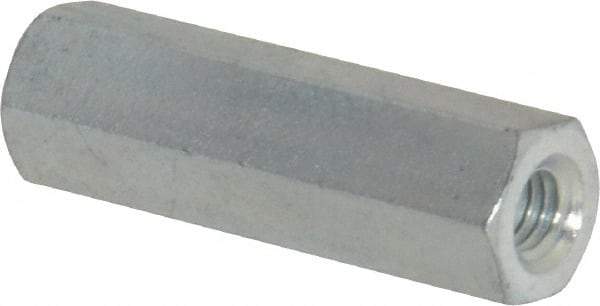 Made in USA - M6x1.00 Metric Coarse, 1-1/2" OAL Steel Standard Coupling Nut - Zinc-Plated Finish, 7/16" Width Across Flats - Exact Industrial Supply