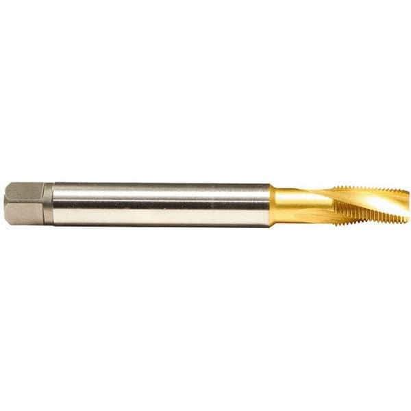 Emuge - 1/8-27 NPT, 15° Helix, 3 Flutes, Modified Bottoming Chamfer, TiN Finish, Cobalt, Spiral Flute Pipe Tap - Right Hand Flute, 7/16" Shank Diam, 3/4" Thread Length, 0.328" Square Size, Series KEG - Exact Industrial Supply