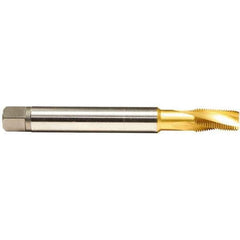 Emuge - 1/8-27 NPT, 15° Helix, 3 Flutes, Modified Bottoming Chamfer, TiN Finish, Cobalt, Spiral Flute Pipe Tap - Right Hand Flute, 7/16" Shank Diam, 3/4" Thread Length, 0.328" Square Size, Series KEG - Exact Industrial Supply