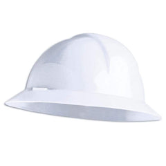 Hard Hat:  Impact Resistant,  Full Brim,  Type 2,  6-Point & Adjustable Ratchet Suspension White,  HDPE,