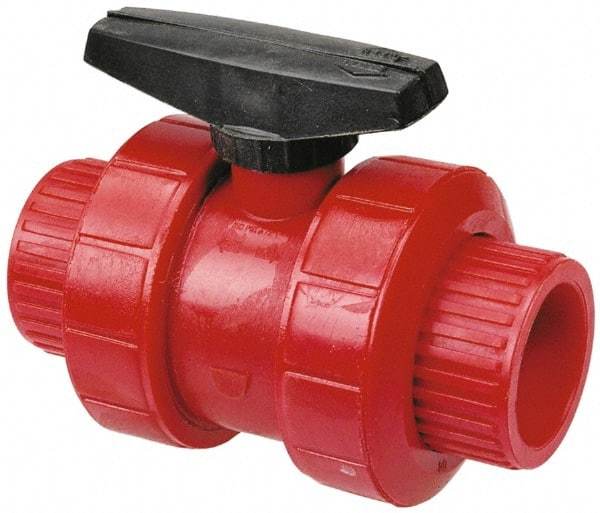 NIBCO - 1-1/2" Pipe, Full Port, PVDF True Union Design Ball Valve - 1 Piece, Inline - One Way Flow, Solvent x Solvent Ends, Wedge Handle, 150 WOG - Exact Industrial Supply