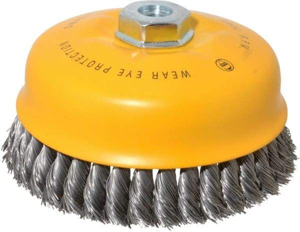 DeWALT - 6" Diam, 5/8-11 Threaded Arbor, Steel Fill Cup Brush - 0.023 Wire Diam, 6,600 Max RPM - Exact Industrial Supply