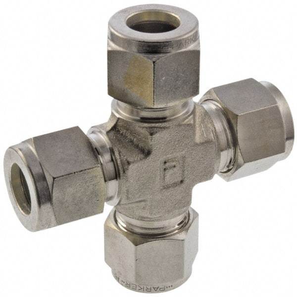 Parker - 1/4" OD, Stainless Steel Union Cross - -425 to 1,200°F, 7/16" Hex, All Comp Ends - Exact Industrial Supply