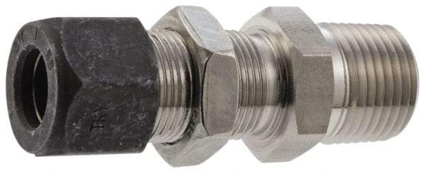 Parker - 1/4" OD, Stainless Steel Bulkhead Connector - 7/8" Hex, Comp x MNPT Ends - Exact Industrial Supply