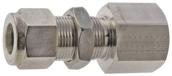 Parker - 1/2" OD, Stainless Steel Bulkhead Female Connector - -425 to 1,200°F, 1-1/16" Hex, Comp x FNPT Ends - Exact Industrial Supply