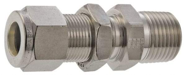 Parker - 1/4" OD, Stainless Steel Bulkhead Connector - -425 to 1,200°F, 7/8" Hex, Comp x MNPT Ends - Exact Industrial Supply